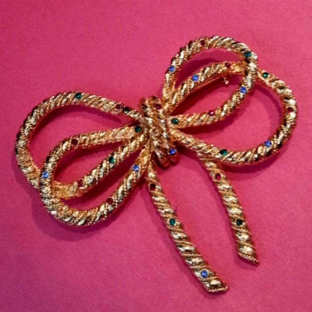 Vintage Red Green Blue Round Rhinestone Gold-tone Bow brooch 3"